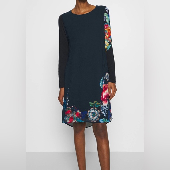 Desigual Siena Navy Long Sleeved Shift Dress Florals Knee Length Sz L - Picture 2 of 10